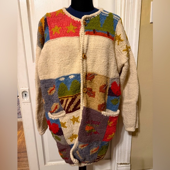 Vintage AMANO FLORAL FLOWER TULIP NATURE STAR Patchwork Cardigan Wool Sweater - Picture 1 of 13